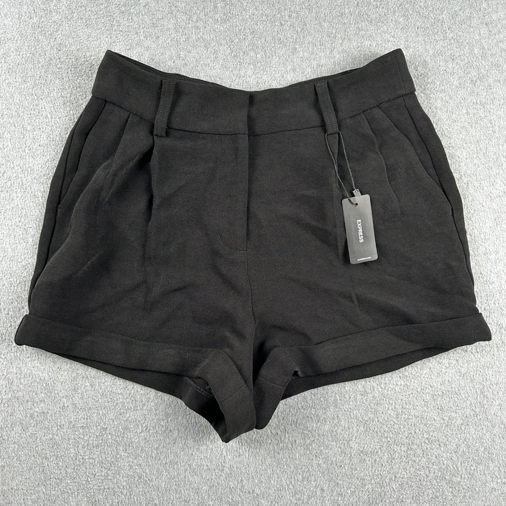 Express Shorts Womens 6 Stylist Black Pleated Cuffed High Rise NEW